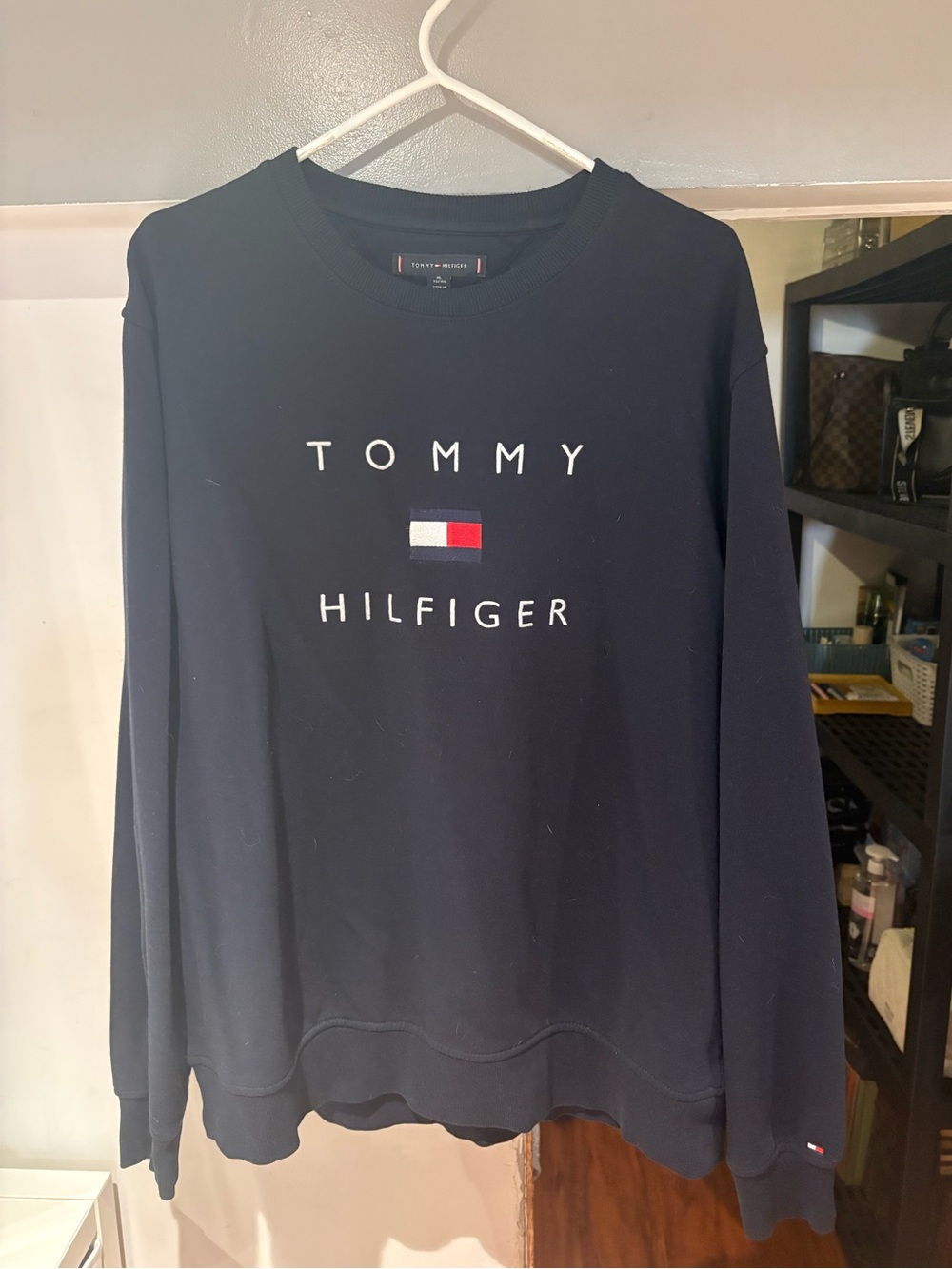 Tommy Hilfiger Men's Navy Crewneck Sweatshirt with Signature Flag